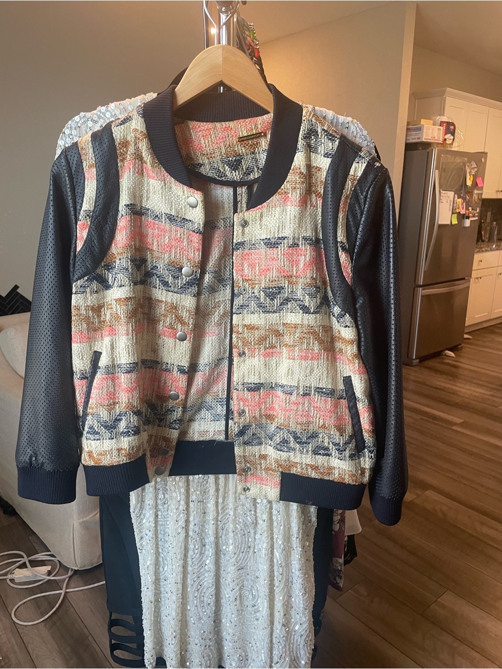 Rebecca Minkoff Multicolor Woven Bomber Jacket with Black Sleeves